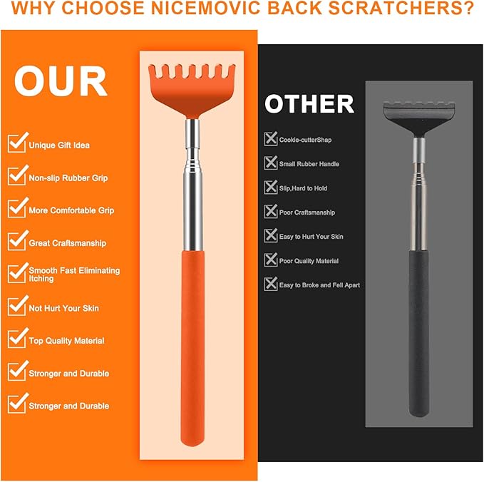 NICEMOVIC 6 Pack Back Scratcher for Women Men, Christmas Stocking Stuffers, Prizes for Adults, White Elephant Gifts for Adults, Extendable Bulk Back Massager Tool for Thanksgiving Birthday (Orange)