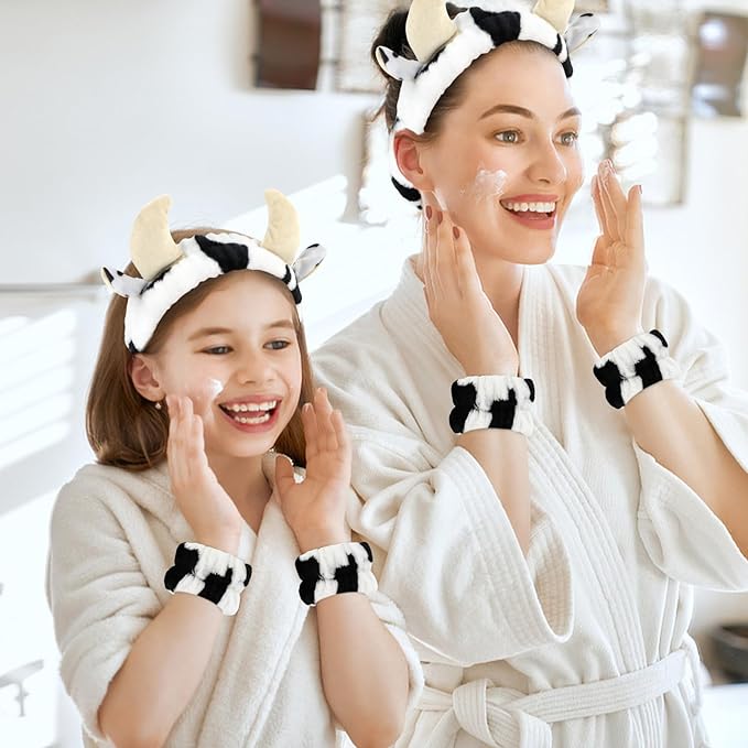 CAVETEE 3 Piece Hairband and Wristband Set, Black&white Cow Horn, Spa Cosmetic Elastic Makeup Headband and Wristband for Women Girl Wash Face Skincare Makeup Shower Spa Headband