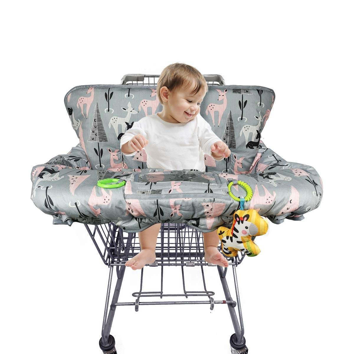 ICOPUCA Shopping Cart Cover, 2-in-1 cart Cover for Babies N high Chair Cover, Padded Grocery cart Cover for Baby boy Girl,with Split/Padded/Reversible seat Cushion, Deer