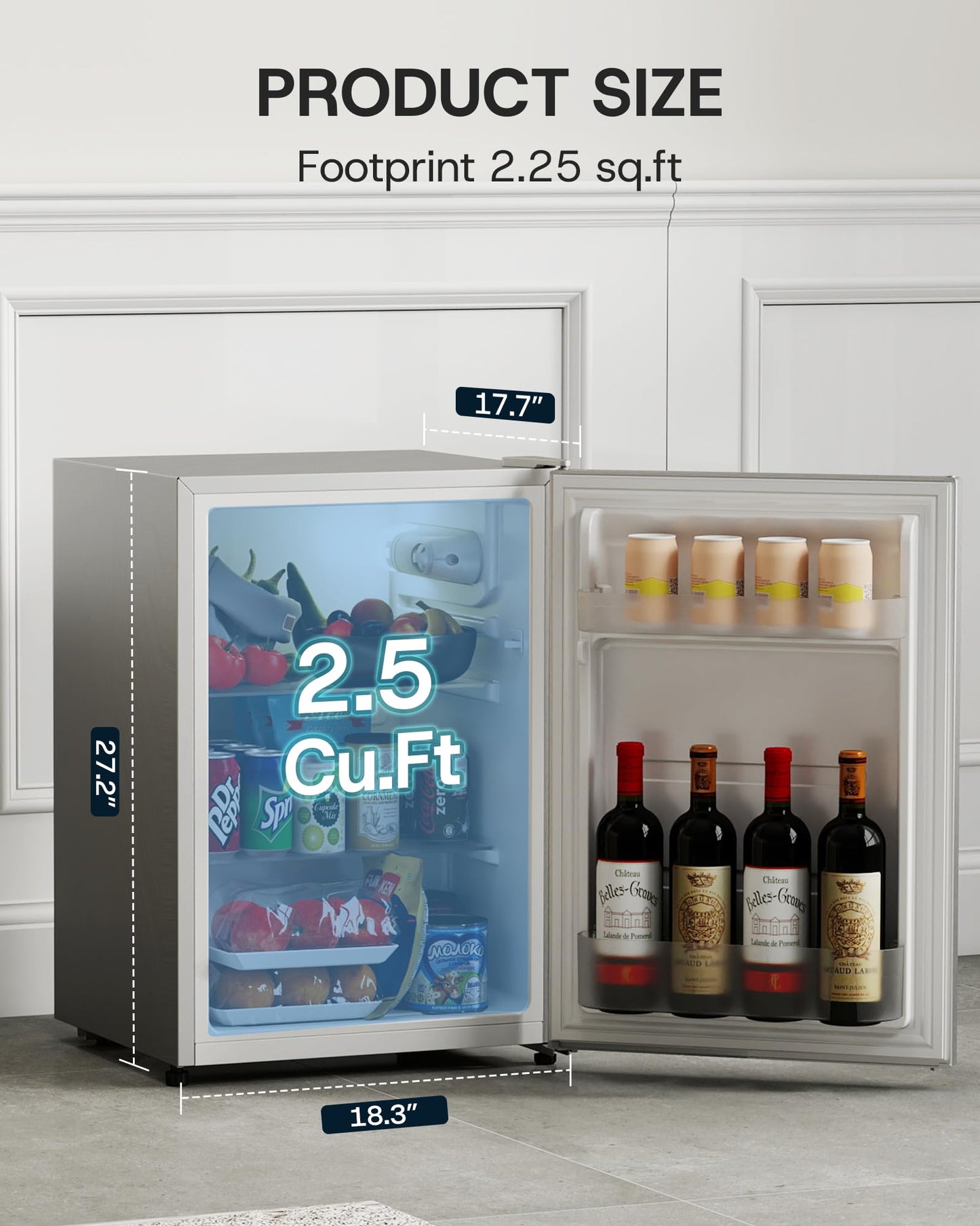 Upstreman 2.5 Cu.Ft All-Refrigerator Mini Fridge, Single Door Small Refrigerator, Dorm Fridge with 7 Adjustable Thermostat, Compact Refrigerator for Office, Bedroom or Dorm, Silver-CR26