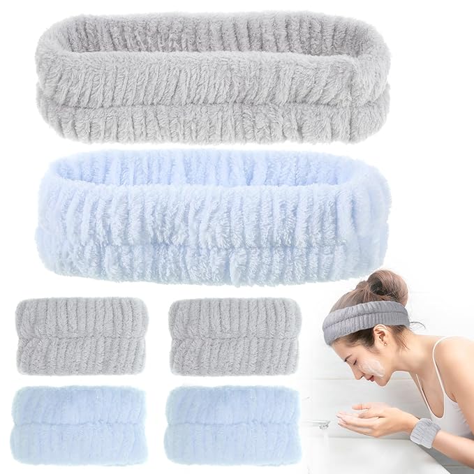6 Pcs Face Wash Headband and Wristband Set Spa Headband and Wristbands Set Makeup Facial Face Wash Head Wrist Bands Soft Puffy Makeup Skin Care Facewashing Hair Band Accessories for Women