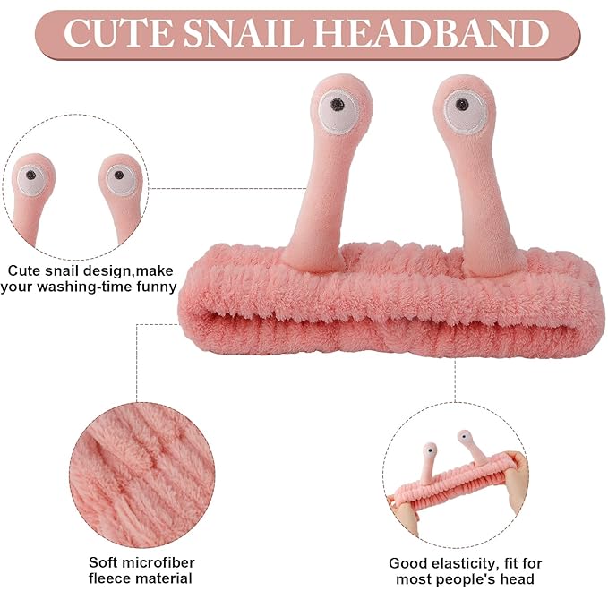 SuPoo 3pcs Snail Face Wash Headband, Wristband and Hair Wrap Set - Funny Pink Puffy Makeup Headbands, Cute Spa Towels and Hair Accessory