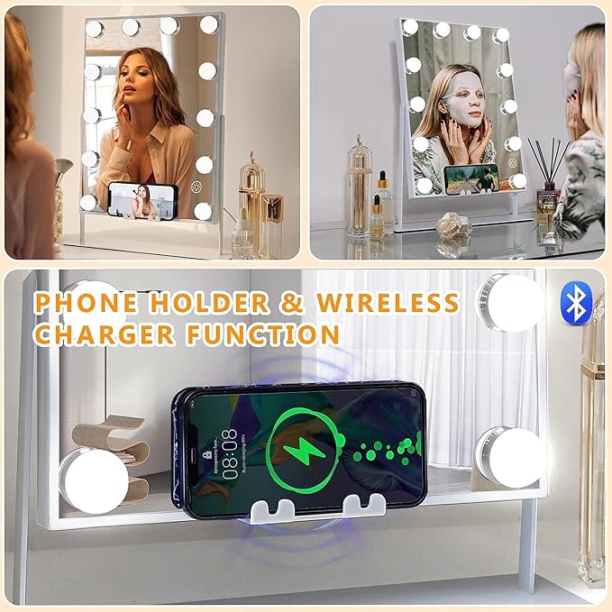 FENCHILIN Lighted Makeup Mirror Hollywood Mirror Vanity Makeup Mirror with Light Smart Touch Control 3Colors Dimmable Light Detachable 10X Magnification 360°Rotation(Ivory)