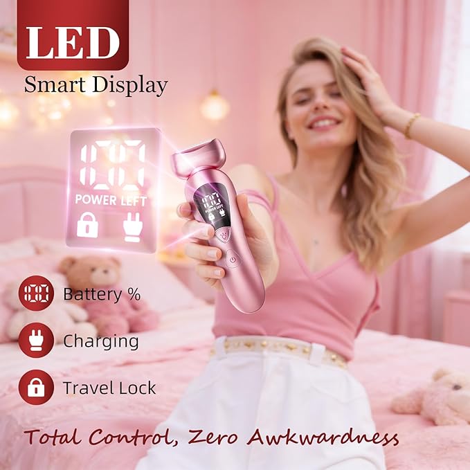 Cordless Electric Razors for Women: Rechargeable Painless Bikini Trimmer for Body Hair - IPX7 Waterproof Shaver with LED Display for Face/Underarm/Leg Soft Pink