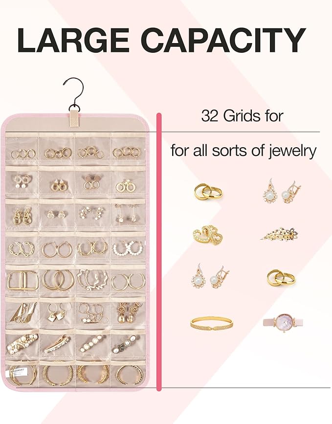 BAGSMART Hanging Jewelry Organizer Storage Roll with Hanger Metal Hooks Double-Sided Jewelry Holder for Earrings, Necklaces, Rings on Closet, Wall, Door, 1 piece, Medium, Pink