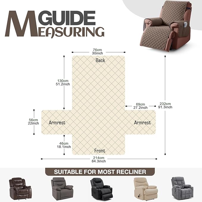 KinCam 100% Waterproof Recliner Chair Cover, Reclining Couch Covers for Pets, Dogs, Recliner Couch Slipcover Furniture Protector with Elastic Straps for Kids(30", Brown)