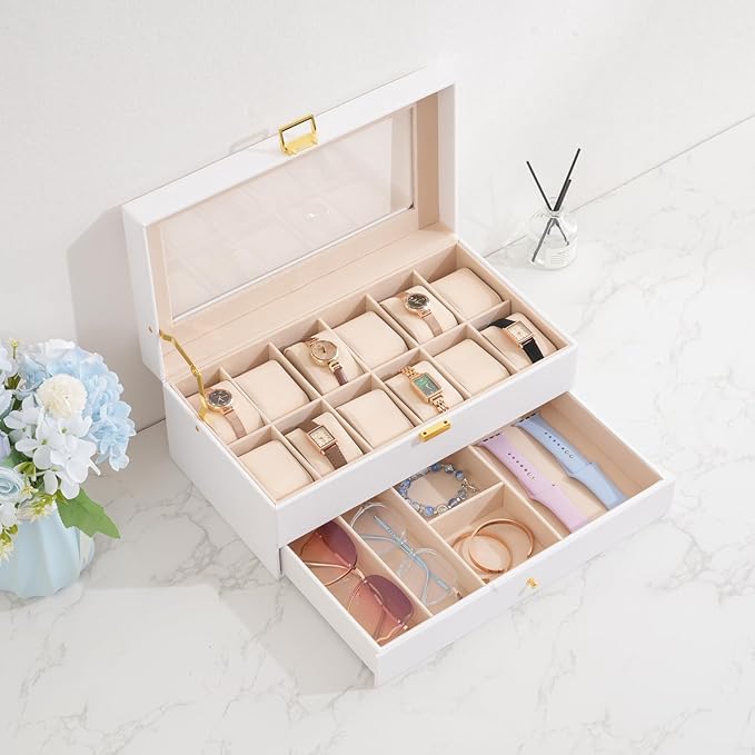 ProCase Watch Box, 12 Slot Mens Watch Case With Drawer, 2-Layer Watch Display Case With Glass Lid, Mens Jewelry Box Storage Holder Organizer, Birthday Valentine Gifts for Men -12Slot, White