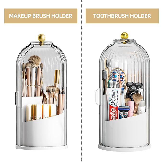 Dustproof Toothbrush Holder with Lid, 360 Rotating Countertop Electric Toothbrush Toothpaste Holders with Cover for Bathroom, 3 Slots Makeup Brush Holder with Lid for Vanity, White-Clear