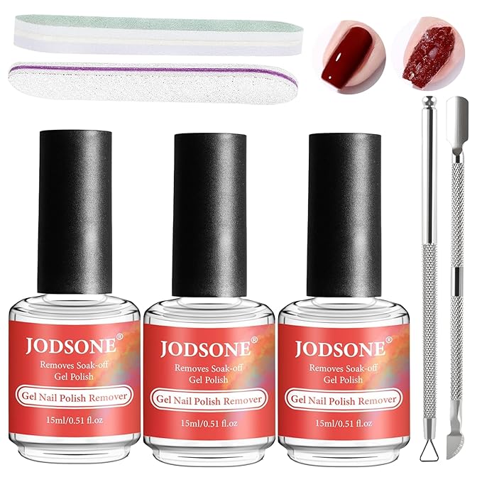 JODSONE Professional Gel Nail Polish Remover Kit:3Pcs Quick 15ML Gel Nail Polish Remover,2 Sanding Strips and Steel Pushers,Complete with Professional and Highly Efficient Tools,Safe Remove at Home