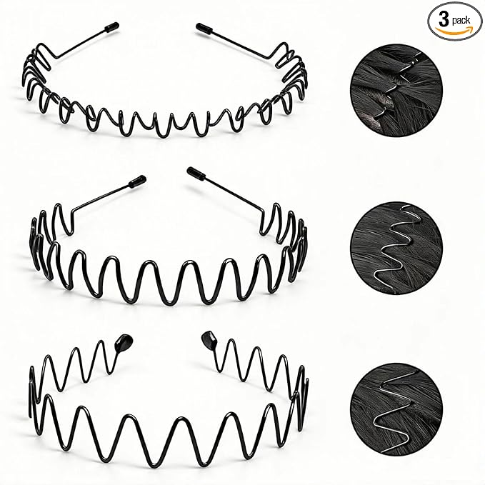 Metal Headbands for Men, Fashion Unisex Wavy Hair Bands, Elastic Zigzag Hairbands Perfect for Outdoor Sports, Daily Styling (3 Pack)