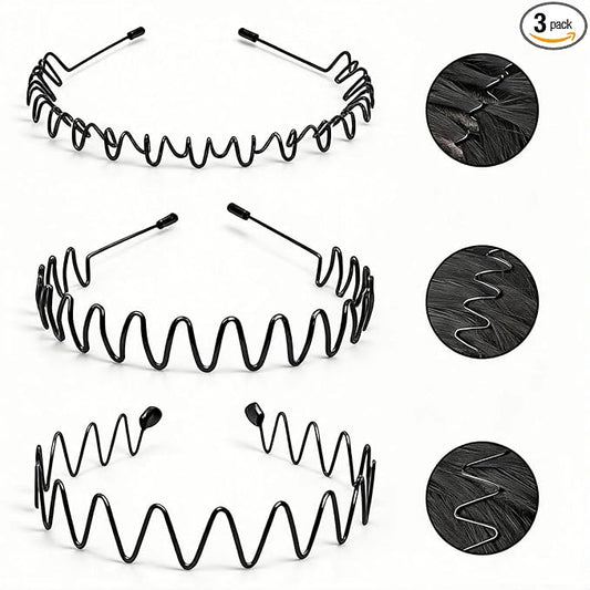 Metal Headbands for Men, Fashion Unisex Wavy Hair Bands, Elastic Zigzag Hairbands Perfect for Outdoor Sports, Daily Styling (3 Pack)