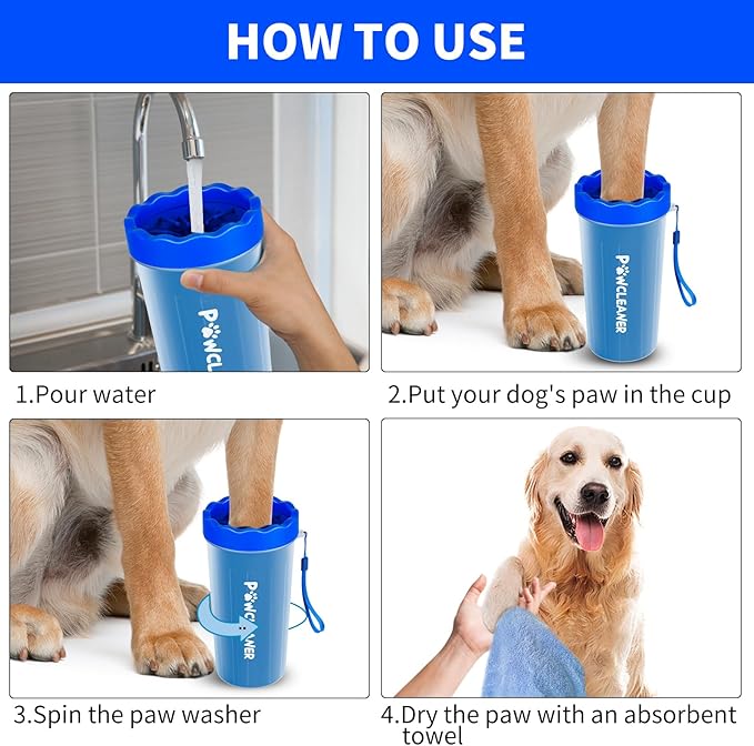 Professional 7 in 1 Dog Paw Cleaner for Dogs - Includes 1 Portable Paw Washer, 1 Bath Brush, 2 Dog Toothbrushes and 3 Absorbent Towels Note: Fits Paws 2.5 to 3.5 Inches Wide (Large, Navy Blue)