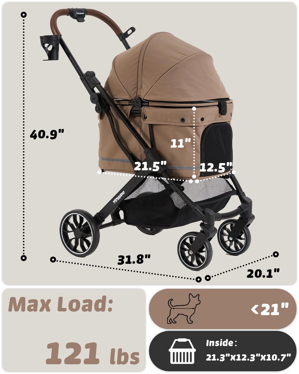 797Audio Dog Stroller for Small Medium Dogs,Pet Stroller for Cats Puppy Up to 121lbs,Foldable,One Click Folding,4 Wheel Shock Absorption,Adjustable Canopy with Sun Shades,Removable Washable Pad(Brown)
