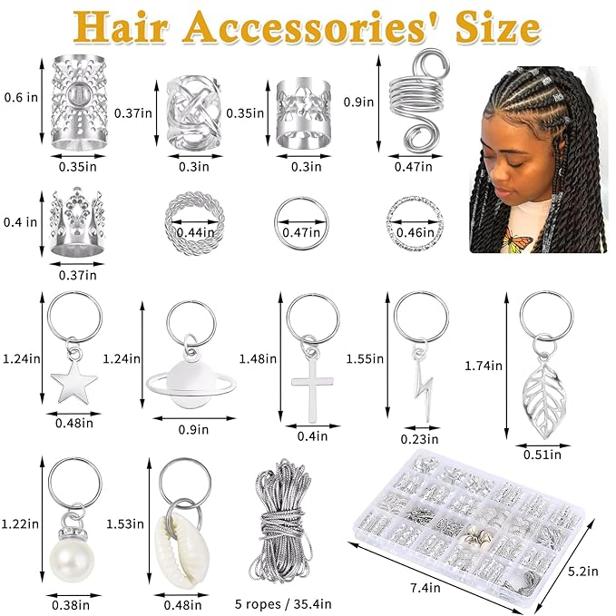 Lucomb 259 Pcs Hair Jewelry, Hair Accessories for Braids Silver Loc Jewelry for Hairs Dreadlocks Braid Jewelrys Hairs Cuffs Clips Dreadlock Accessories for Women's Loc Charms Rings Decoration