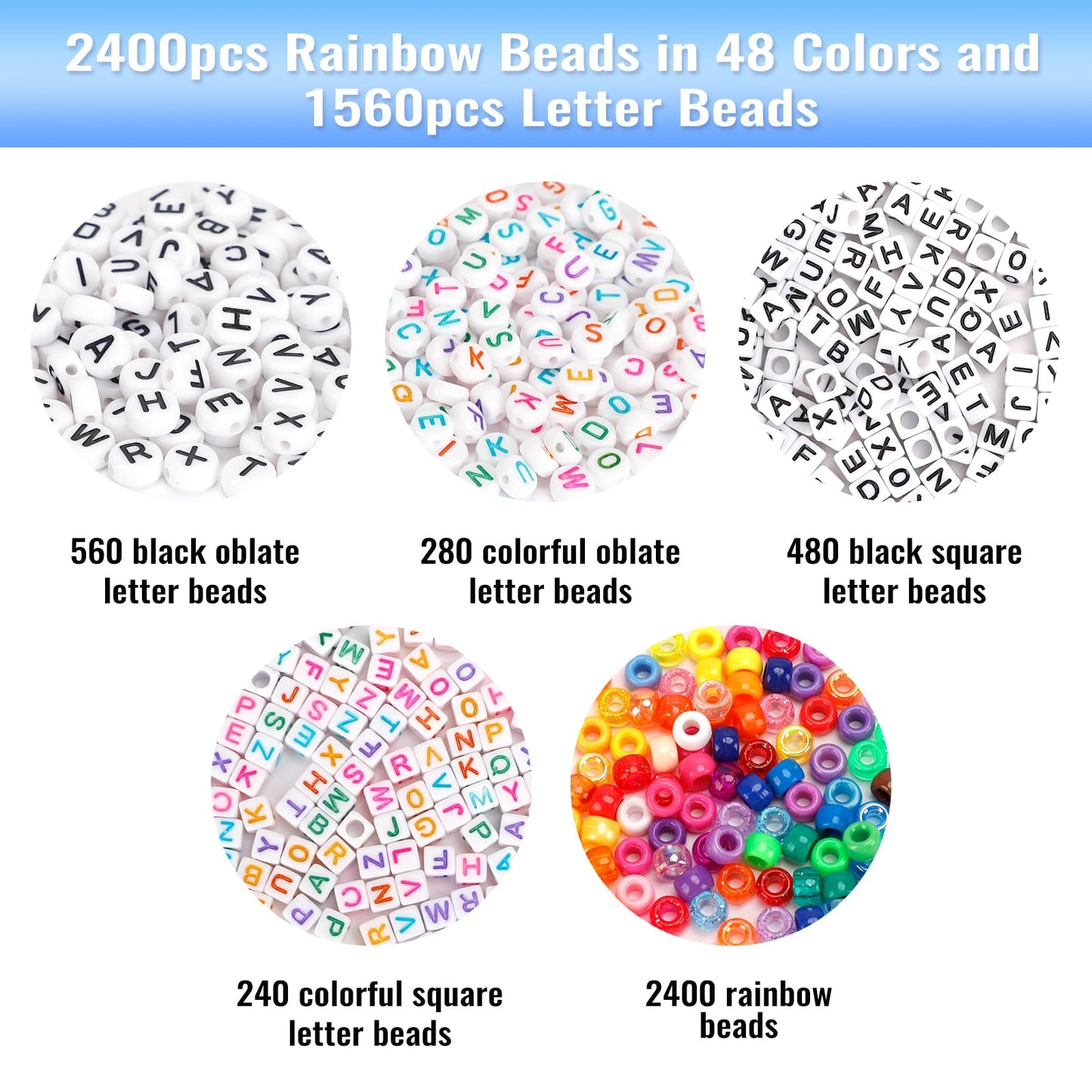 Quefe 3960pcs Pony Beads for Friendship Bracelet Making Kit 48 Colors Kandi Beads Set, 2400pcs Plastic Rainbow Bulk and 1560pcs Letter Beads for Keychains Craft Jewelry Necklace