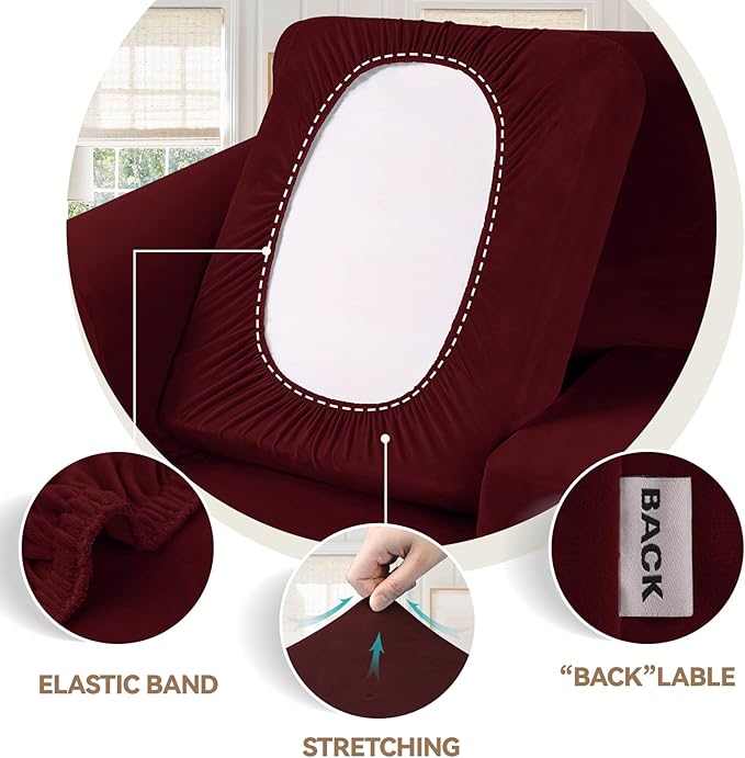 WEERRW Velvet Stretch Chair Sofa Slipcover - 2 Pieces Luxury Soft Velvet Plush Couch Cover Furniture Protector with Elastic Bottom for Pets, Machine Washable, Burgundy, Small