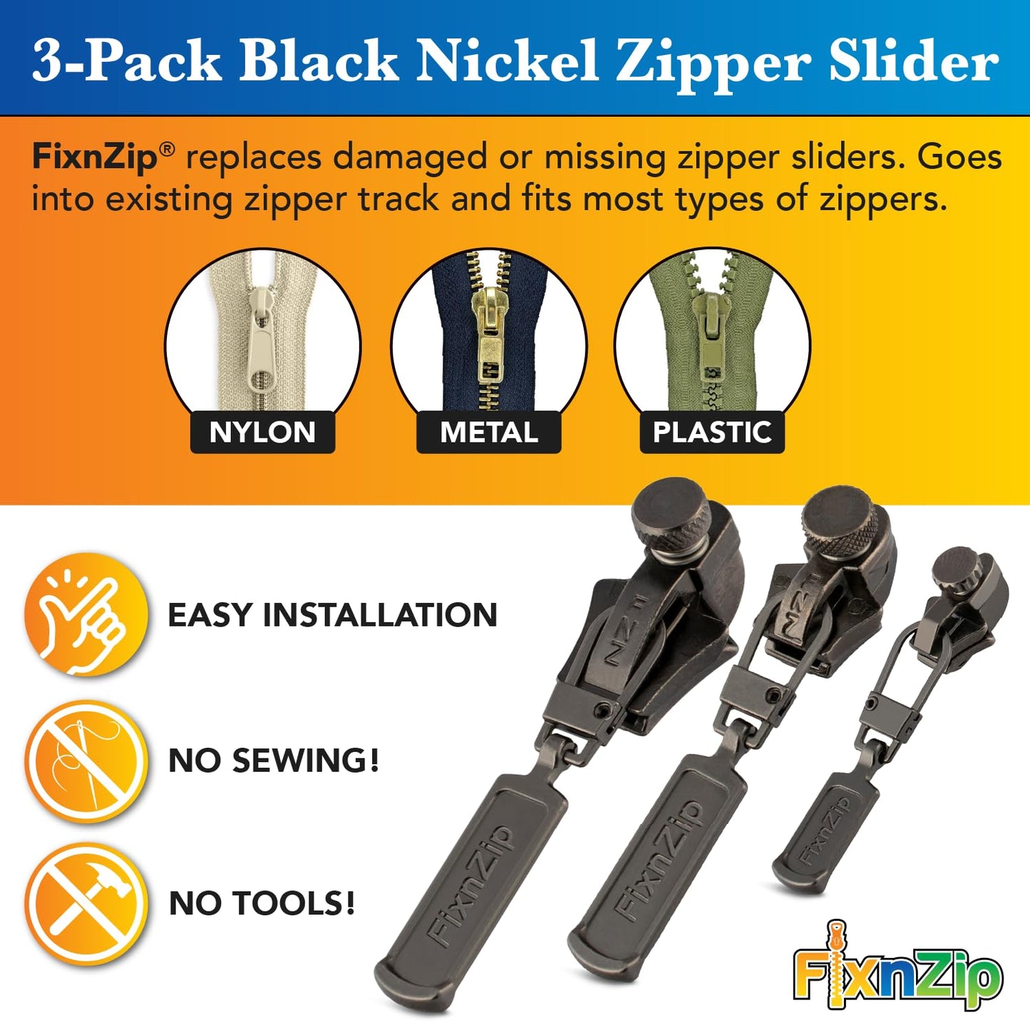 FixNZip Small, Medium, and Large Black Nickel Zipper Repair Kit Bundle | Universal No-Sew Slider Replacement for All Apparel Needs | Instant and Reusable Zipper Repair Tool | Sizes 1-10