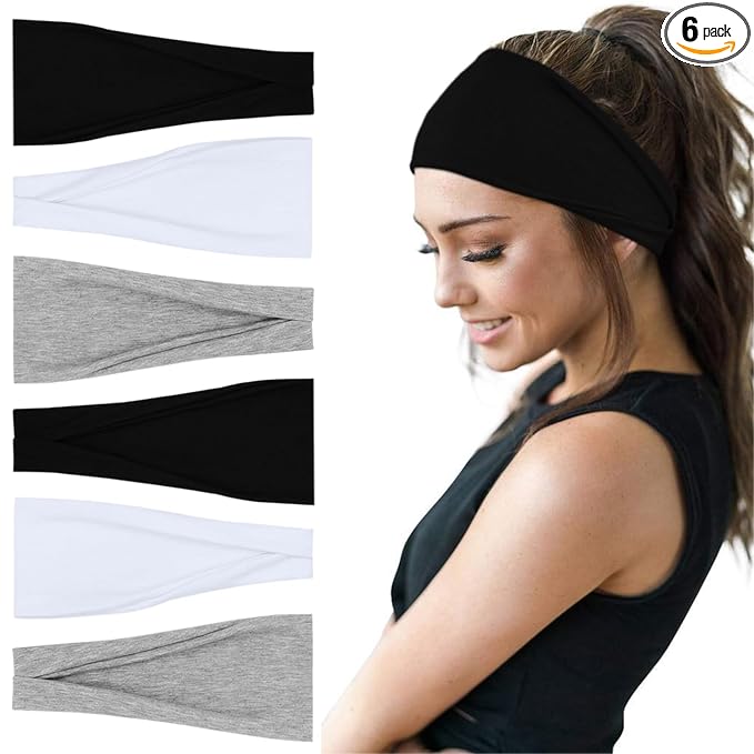 YONUF Fashion Headbands For Women Wide Headband Yoga Workout Head Bands Hair Accessories Band Black White Gray 6 Pack