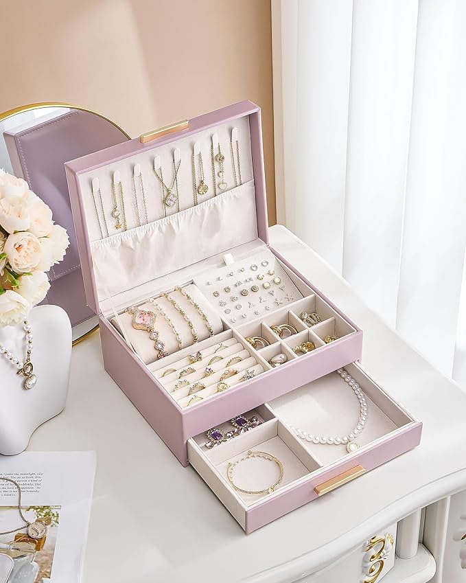 Lolalet 2-Layer Jewelry Box Organizer for Women Girls, Jewelry Storage Case Holder with Drawers for Necklaces Ring Earrings Bracelet Watch, Gifts for Galentines Valentines Girlfriend Wife -Purple
