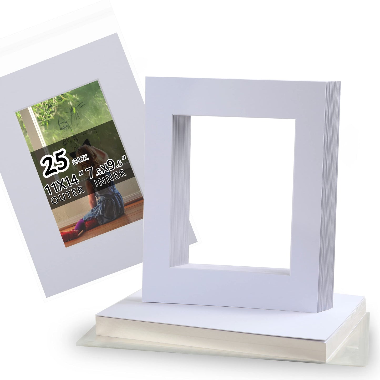 Falling in Art Acid Free 25 Pack 11x14 Pre-Cut Mat Board Show Kit for 8x10 Photos, Prints or Artworks, 25 Core Bevel Cut Matts and 25 Backing Boards and 25 Crystal Plastic Bags, White