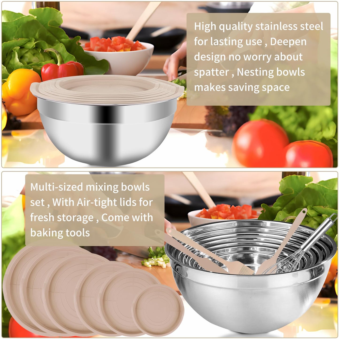 WEPSEN Mixing Bowls Set, 27PCS Khaki Mixing Bowls With Lids Set Stainless Steel Kitchen Large Nesting Metal Bowl 7QT to 1.5QT, Measuring Cups and Spoons for Prepping Cooking Serving