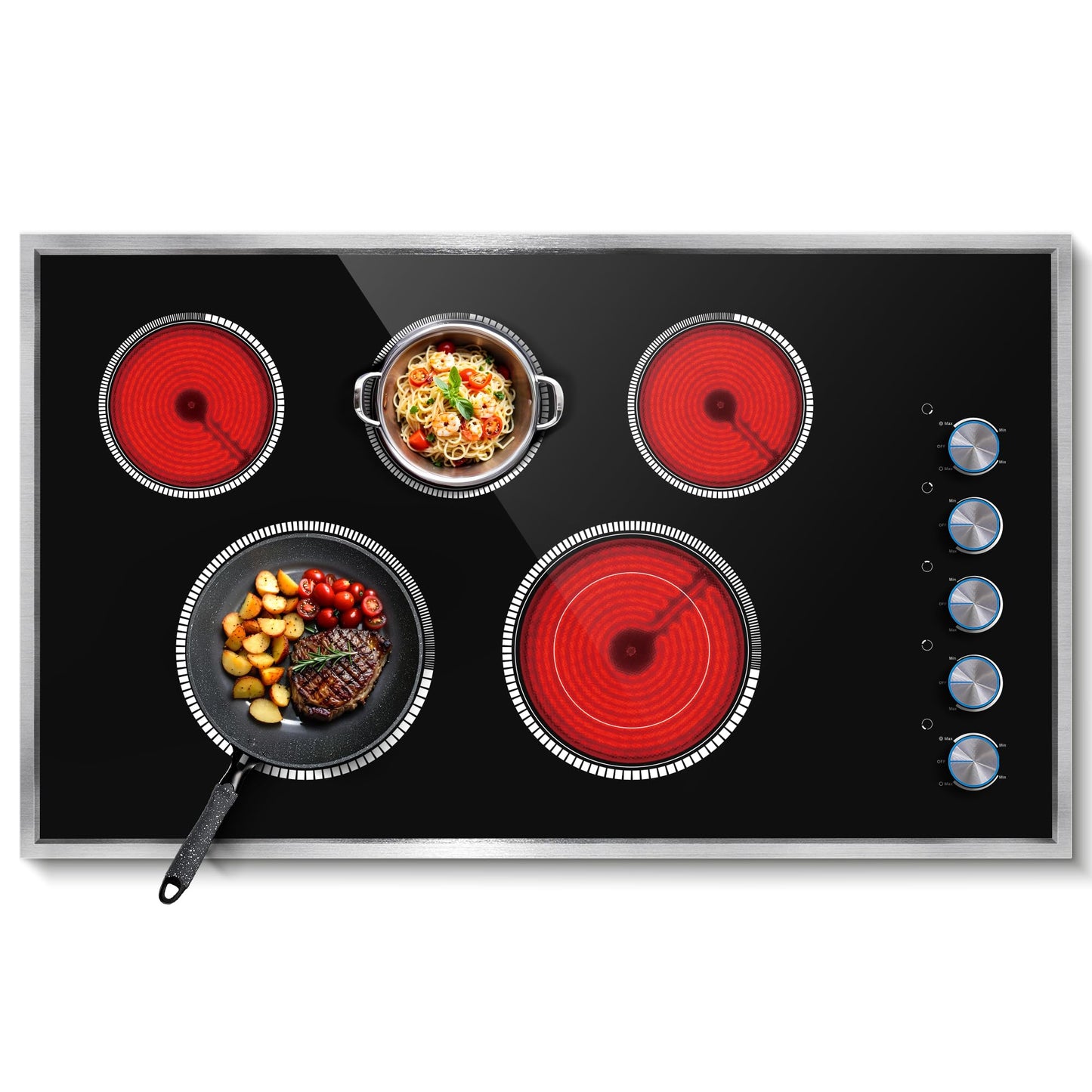 Pladeca 36 Inch Electric Cooktop, 5 Burner Electric Stove Top 8400W, 36" Ceramic Stove with Knob Control, Over-Temperature Protection, Dual Ring Zone, 220-240V Hard Wired (No Plug)