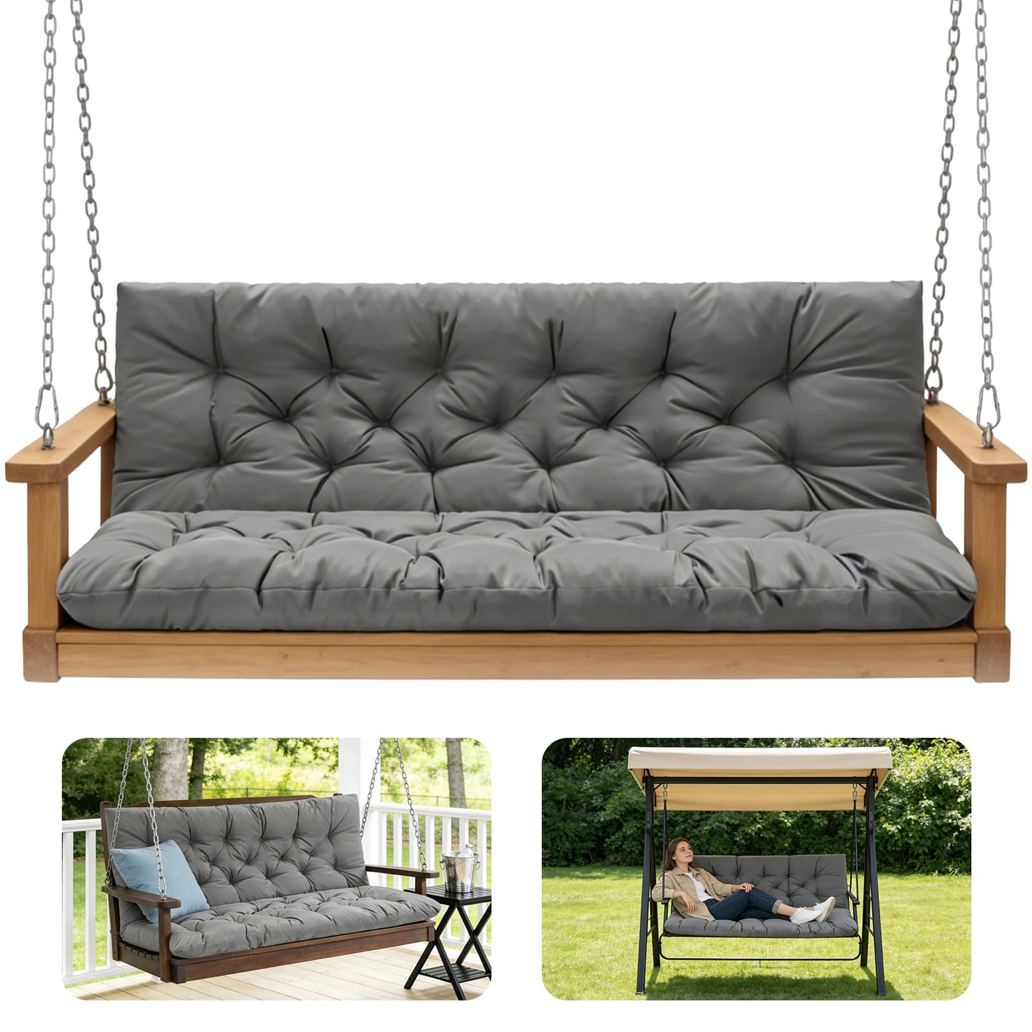 GPQAWER Porch Swing Cushions,Outdoor Cushions 3 Seater Replacement with Backrest, Waterproof Thickened Bench Cushion with Ties for Porch, Patio,Outdoor, Backyard and Garden (Light Gray 47 * 40 in)