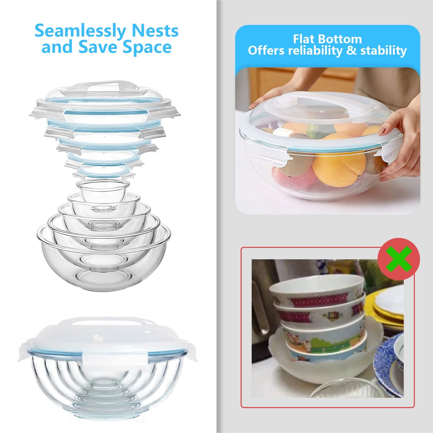 WhiteRhino Glass Mixing Bowl with Lids Set of 5, 0.2, 0.5, 1.1, 2.1, 3.75 QT, Large Salad Bowls with BPA-Free Lids, Space-Saving Nesting Bowls for Kitchen Food Storage, Glass bowl for Cooking, Baking