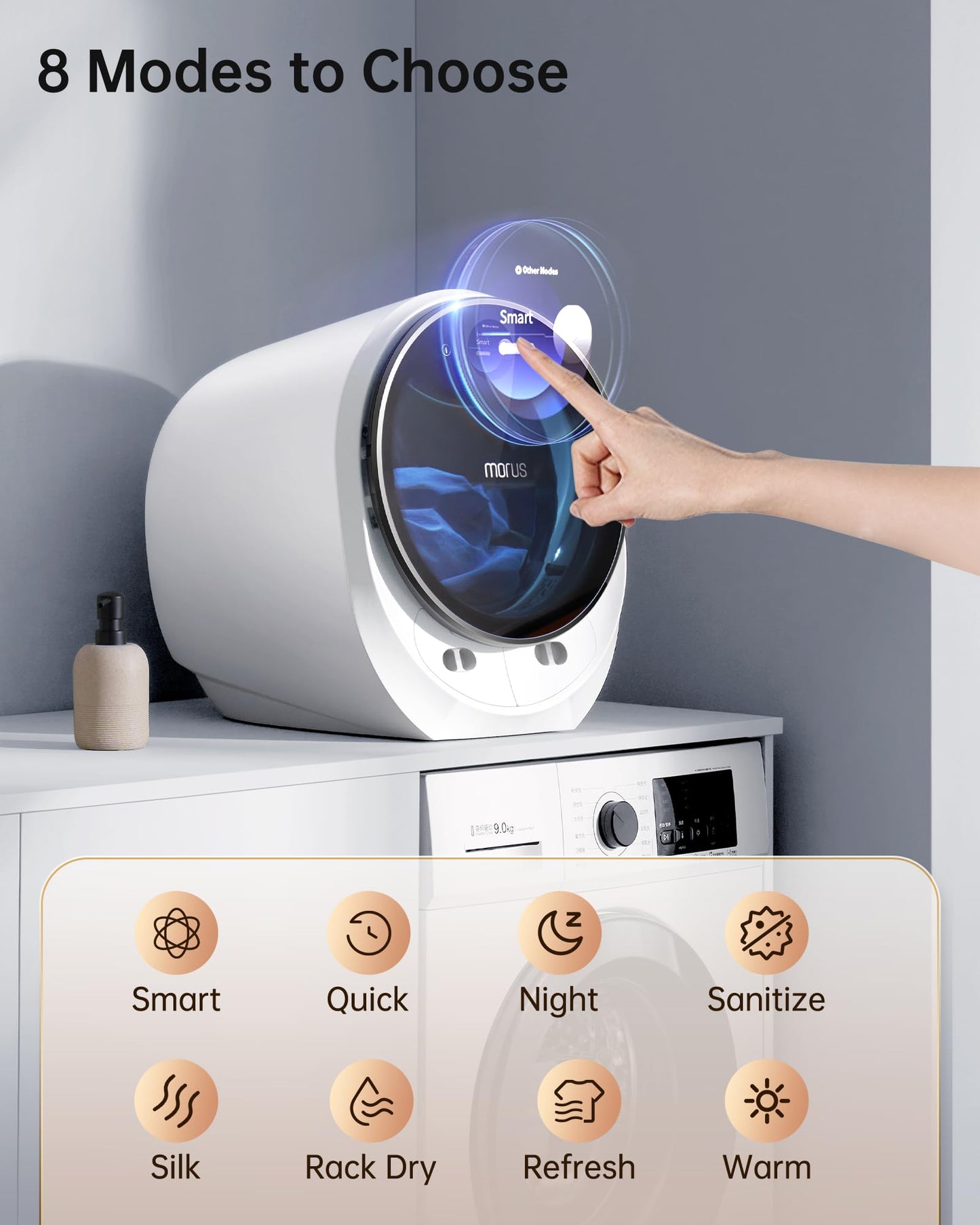 Morus Clothes Dryer with 8 Smart Drying Modes,1200W Dryer Machine with Stainless Steel Drum, No Installation Required, Plug & Play, Anti-Crease, Odor Removal,for Apartments Dorm RV