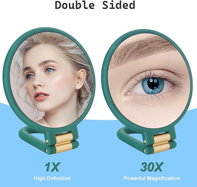 30x Magnifying Mirror, Travel Hand Mirrors with Handle - Double Side Handheld Mirror with 1X 30X Magnification & Adjustable Handle/Stand, Hand Held Foldable Travel Mirror for Makeup(Army Green)