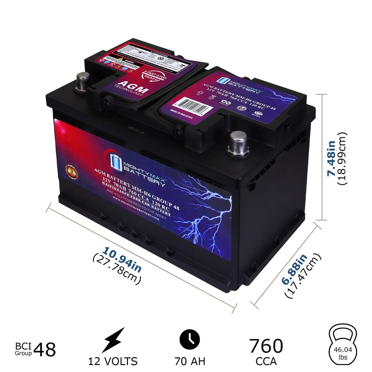 Mighty Max Battery MM-H6 Start and Stop Car BCI Group Size 48 12V 70 AH, 120RC, 760 CCA Rechargeable AGM Car Battery