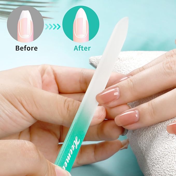 Glass Nail File, Double Sided 180/320 Grit With Case for Natural Nails, Fingernail, Crystal, Pedicure - Green