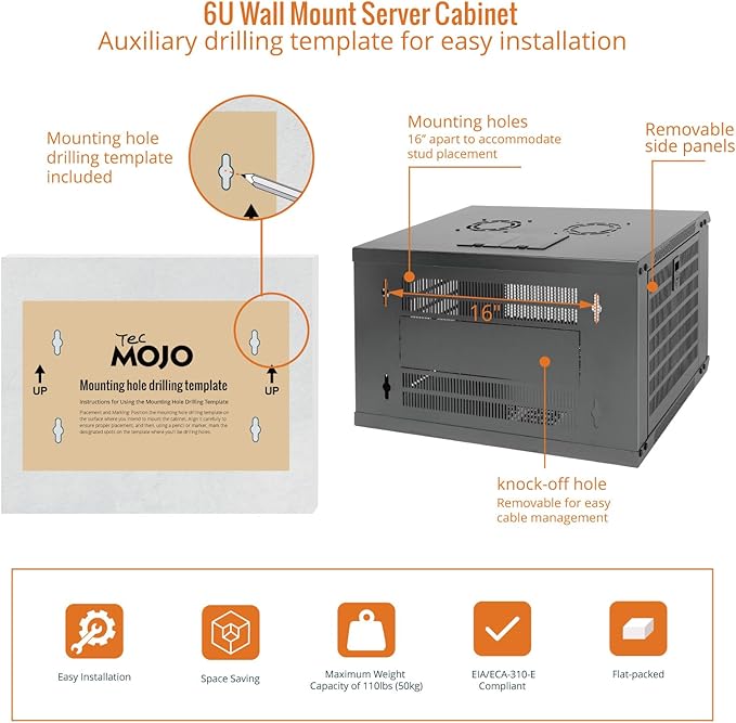 Tecmojo 6U Wall Mount Rack Network Cabinet for 19" IT Equipment,with Lockable Mesh Door and Side Panels,Cooling Fan,450mm Depth (Standard 6U/450mm Deep), Mesh/Black