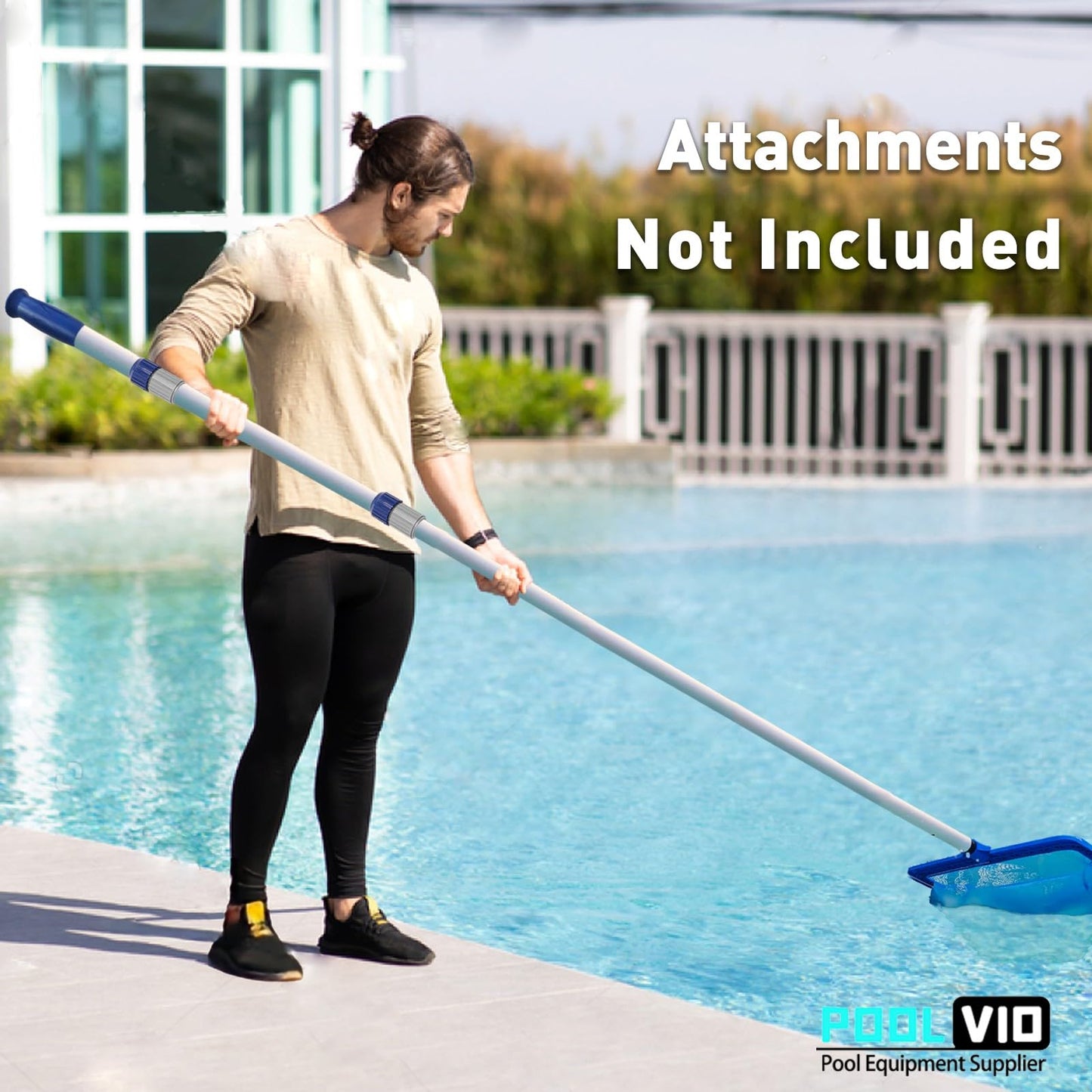 Poolvio 15 FT Telescopic Pool Pole - Adjustable 3 Piece Aluminum Pool Skimmer Pole for Pool Cleaning Skimmer Nets Vacuum Heads & Brushes, Strong Grip & Lock