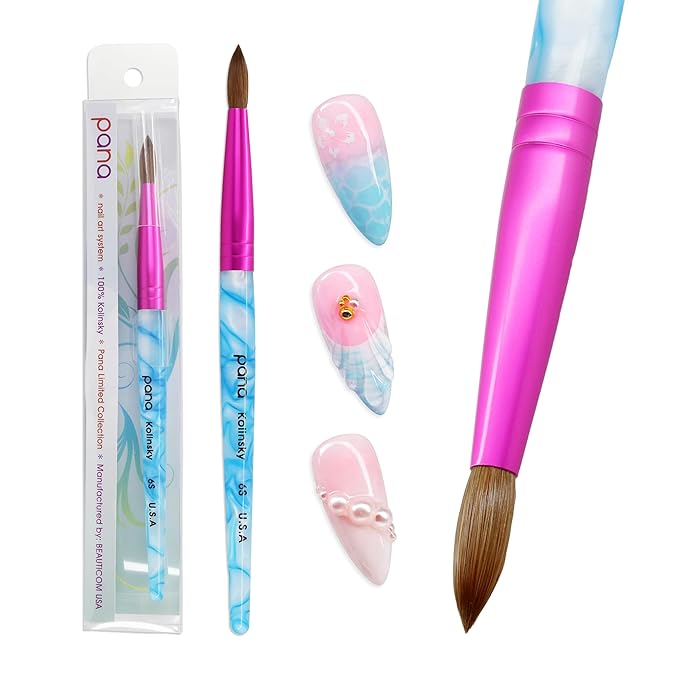PANA Pure Kolinsky Hair Acrylic Nail Brush - Round Shape Pink Ferrule with White Swirl Blue Handle (Size 6) - Nail Brush for Acrylic Nail Application, Nail Extension, Manicure Pedicure Salon Beginner
