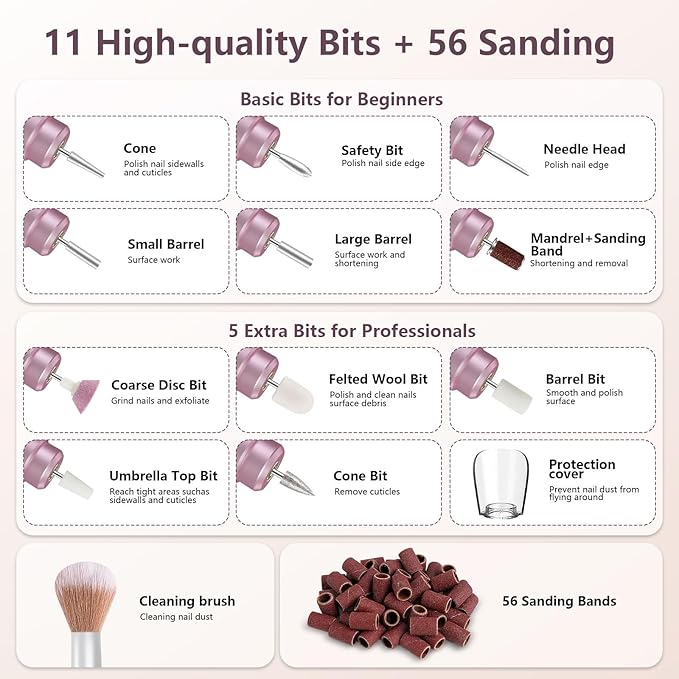 Cordless Nail Drill Electric Rechargeable File Kit, Professional Efile Acrylic Gel Nail Polish Remover Pedicure Manicure Machine Portable Set with 11 Bits 56 Sanding Bands (Pink)