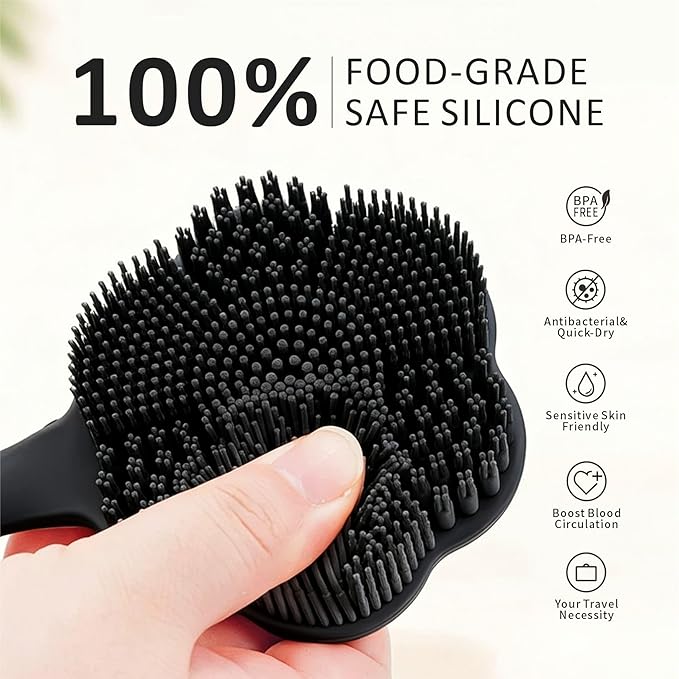 Back Scrubber & Face Scrubber Brush for Shower - 15 Inch Long Handle Double Sided Silicone Body Brush for Exfoliation & Massage, Soft Facial Cleansing Brush, Rich Lathering for Deep Cleansing (Black)