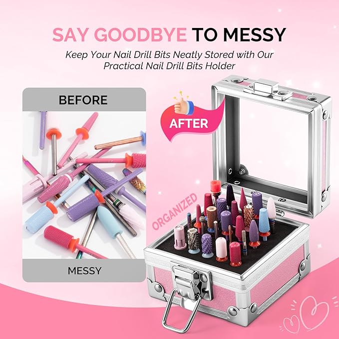 MelodySusie Nail Drill Bits Holder, 25 Holes Case, Portable Dustproof Displayer Organizer Container, Nail Tech Professional Nail Art Tool, Travel Salon Home, Pink (Drill Bits Not Included)