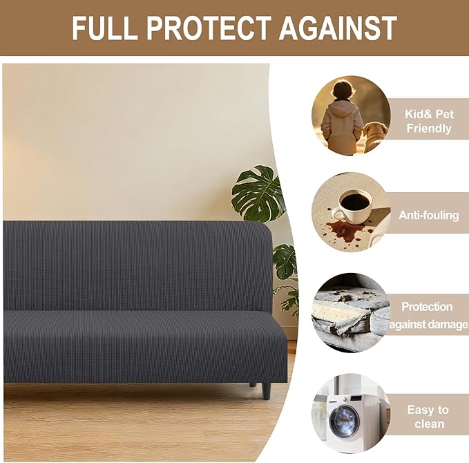 U-NICE HOME Stretch Futon Cover Armless Bed Slipcover - Soft Jacquard Fabric Washable for Pet Friendly, Dark Grey