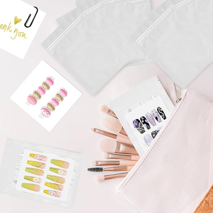 Qenk 100PCS Empty Holographic Nail Storage Bag Press on Nail Packaging Bag and 100PCS Shiny white cardboard Nail Tips Packaging Bags with 1 Roll Transparent Tape (White)