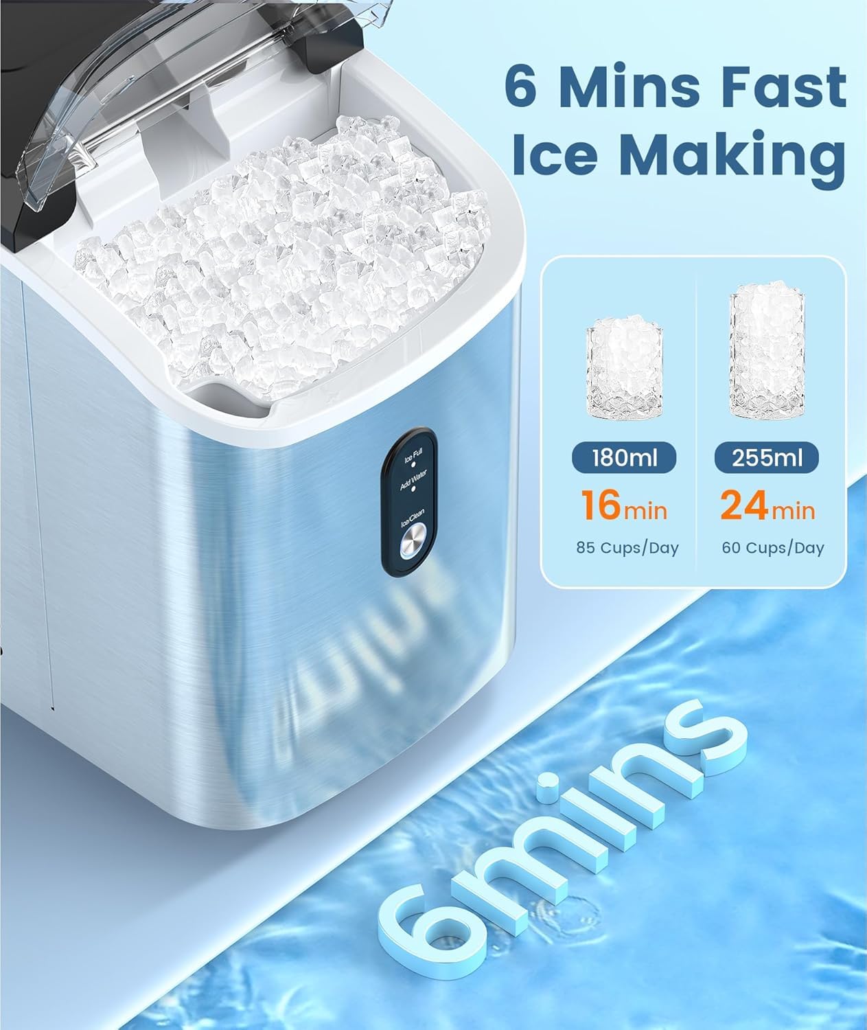 Antarctic Star Nugget Ice Maker Countertop with Handle, Stainless Steel, 35Lbs/24Hrs,7 Mins Ice Making, Pellet Ice Maker with Ice Basket/Ice Scoop for Home/Bar/Party/Office