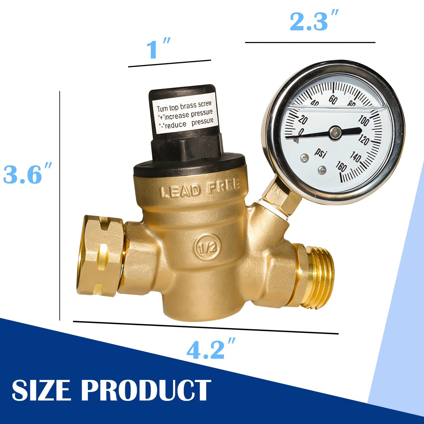 Hourleey Water Pressure Regulator Valve, RV Brass with Gauge and Inlet Screened Filter for Camper Trailer