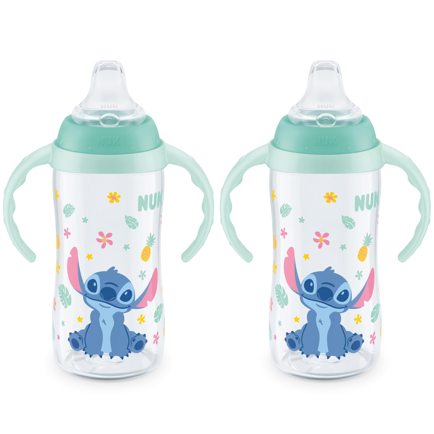 NUK Learner Cup, 10 Oz, Pack of 2, Disney's Stitch – Soft Spout, Easy-Grip Handles, BPA Free, Spill Proof Transition Sippy Cup