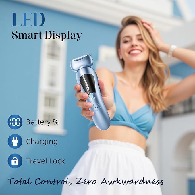 rategist Cordless Electric Razors for Women: Rechargeable Painless Bikini Trimmer for Body Hair - IPX7 Waterproof Shaver with LED Display for Face/Underarm/Leg Deep Blue