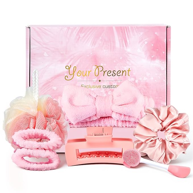 Small Gifts for Women - Spa Headband for Washing Face Set for Her with Headband, Wristbands, Bath Sponge, Scrunchie & Face Brush, Thoughtful Birthday Gift for Mom, Wife, Girlfriend or Best Friend