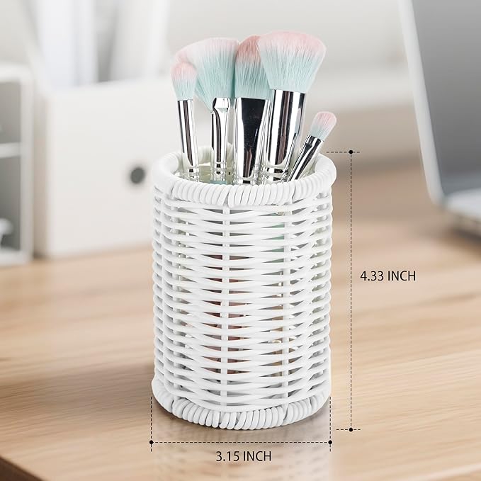 Rattan Jars, Rattan Desk Organizer, Bathroom Essentials Accessories Decor, Vanity Makeup Storage Organizer, for Cotton Balls, Pads, Floss Picks-Minimalist Decor , White(DP053)