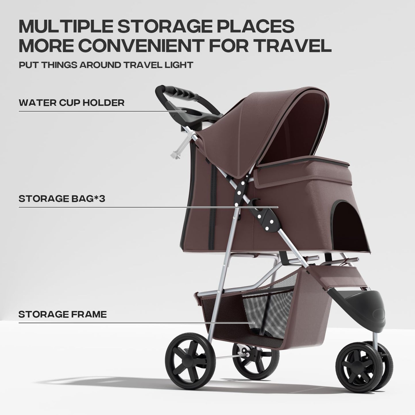 Pet Stroller for Small Dogs 10 lbs, Dog Stroller for Medium Dogs 30 lbs, Cat Strollers for 2 Cats, 3 Wheels Foldable Jogger Puppy Stroller with Storage Basket and Cup Holder, Coffee