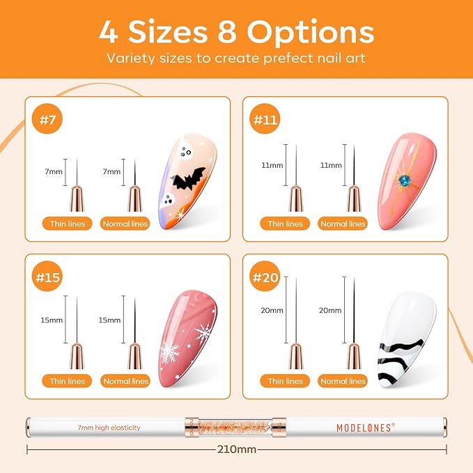 modelones Nail Art Brushes, Super Fine Liner Nail Brush Kit Dual-ended 7/11/15/20mm for Gel Polish Thin Lines, Precise Details, Fine Drawing Painting Design Acrylic Rhinestone Handle Salon & DIY Use