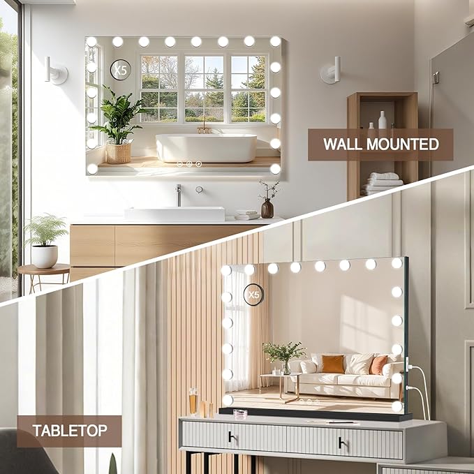 Vanity Mirror with Lights, 31.5" x 23.6" Large Makeup Mirror with LED Lights, Smart Touch Dimmable 3-Color Light, Memory Function, USB Charging Port Black