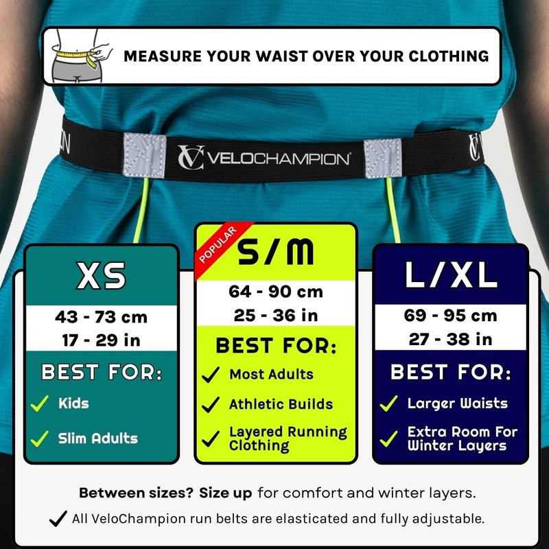 VeloChampion Lightweight Running Belt Waist Pack for Men Women - Elasticated Stretch Fit Race Number Holder - No Pins - 3 Sizes - Run. Triathlon. Cycle. Marathon. Jogging (1, Large)
